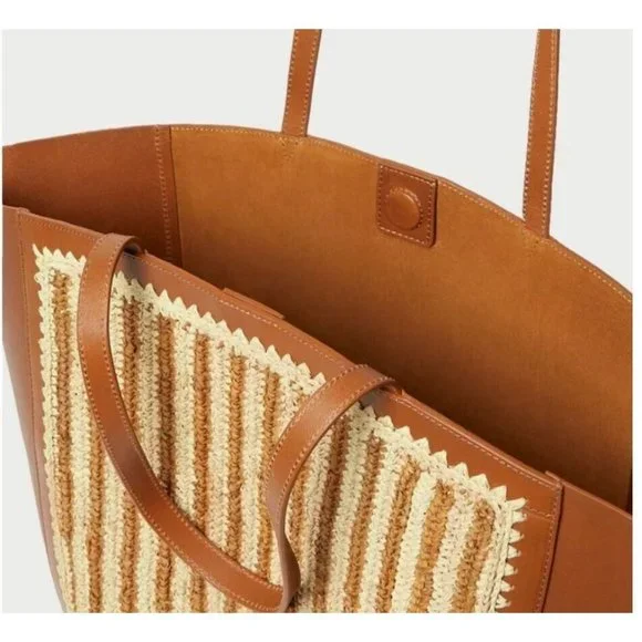 LOEFFLER RANDALL Katia crochet raffia and leather large tote- BEIGE/TAN/